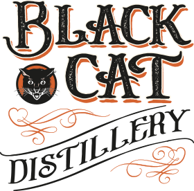 Black Cat Distillery Logo - qwerky, illustrated black cat with olden styled font. Black Cat Distillery.