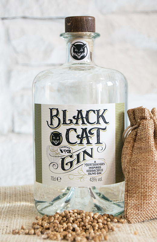 A bottle of Black Cat Savoury Gin Cumbrian No 3