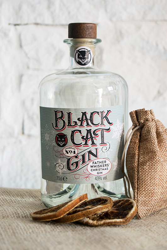 A bottle of Black Cat Father Whiskers Christmas Gin Cumbrian No 4