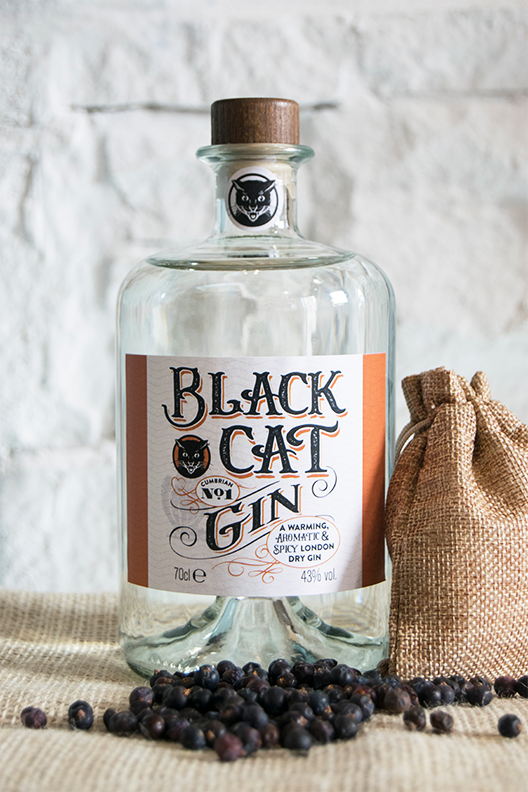 A bottle of Black Cat Spicy Gin Cumbrian No 1