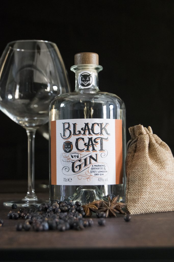 Black Cat Spicy Gin Cumbrian no 1 in a glass surrounded by juniper berries