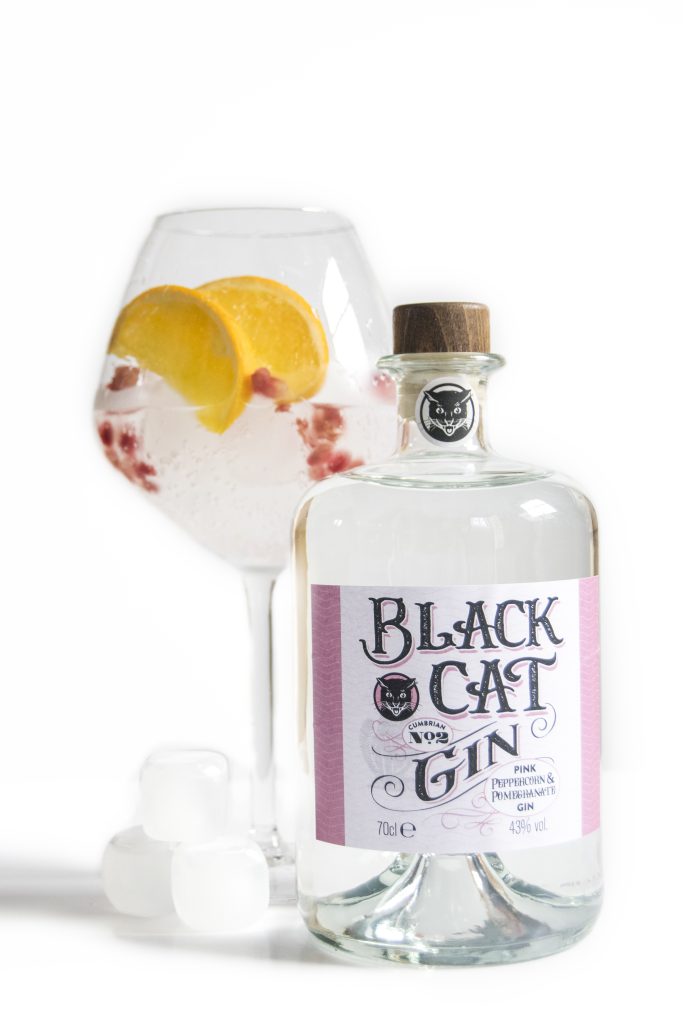 Glass of Black Cat Fruity Gin Cumbrian No 2 served with orange wedges and pomegranate seeds