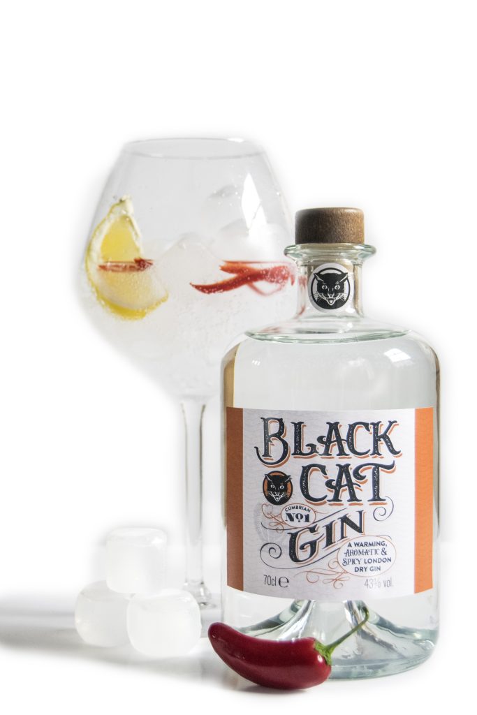 A glass of Black cat Spicy Gin Cumbrian No 3 served with a wedge of lemon and jalapeno