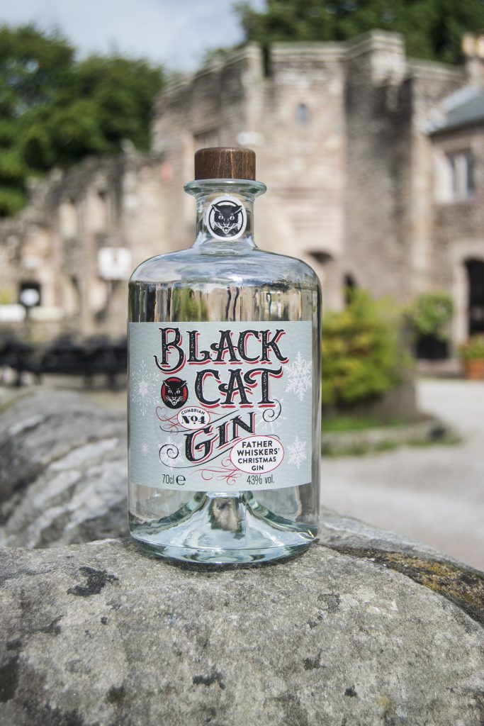Bottle of Black Cat father Whiskers Christmas Gin Cumbrian No 4 standing on a wall with Brougham Hall in the background